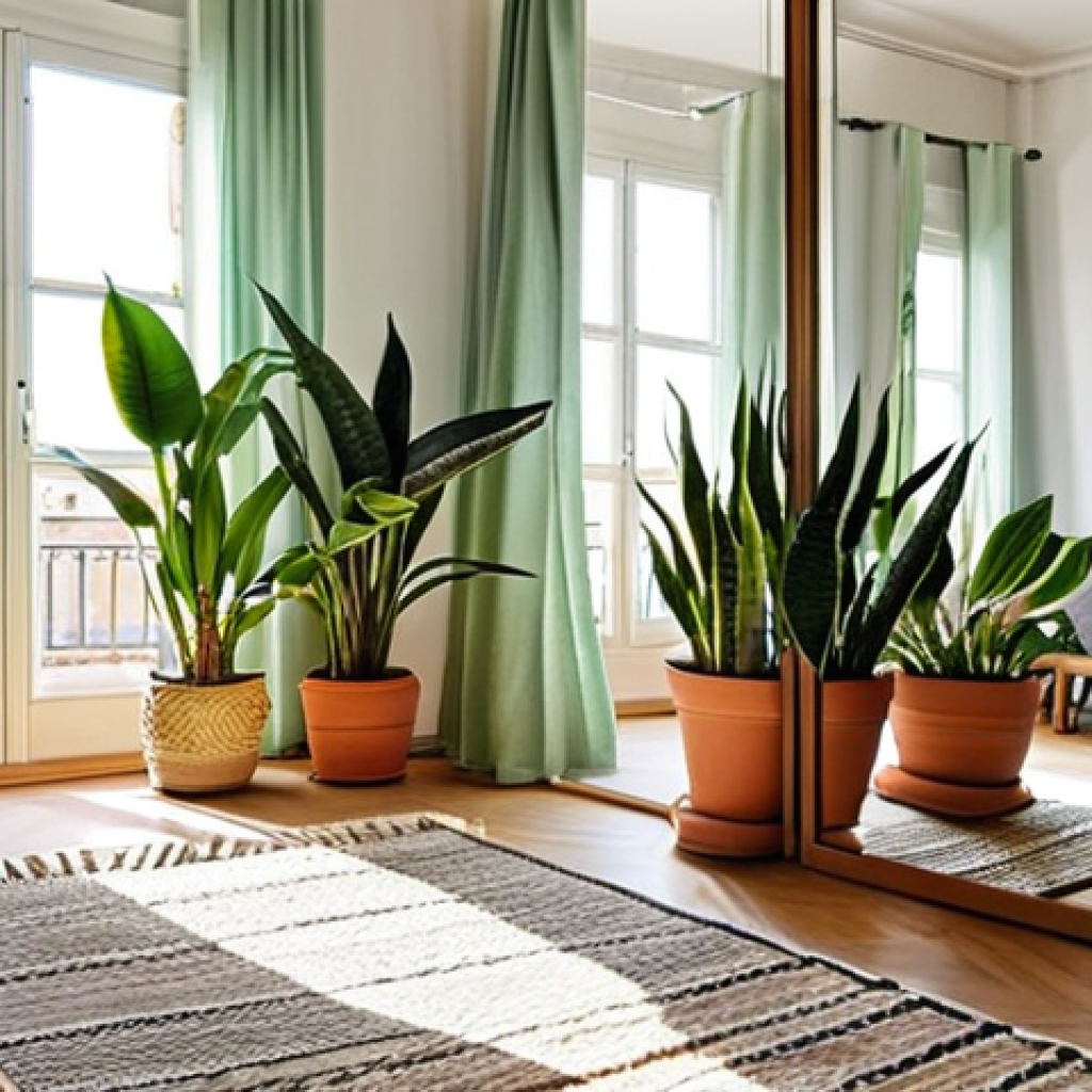 **

"A bright, airy apartment interior in Italy, filled with thriving houseplants like Sansevieria and Pothos. Sunlight streams through clean windows, reflecting off strategically placed mirrors. Soft rugs and thick curtains dampen sound. The overall feeling is calm and healthy, promoting well-being in a shared living space. Perhaps someone is meditating peacefully."

**