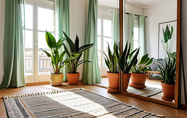 **
"A bright, airy apartment interior in Italy, filled with thriving houseplants like Sansevieria and Pothos. Sunlight streams through clean windows, reflecting off strategically placed mirrors. Soft rugs and thick curtains dampen sound. The overall feeling is calm and healthy, promoting well-being in a shared living space. Perhaps someone is meditating peacefully."
**