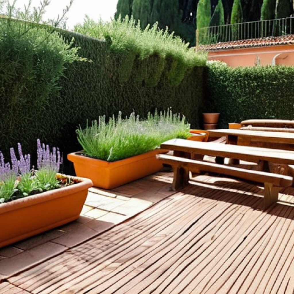 ** A lush, shared garden in an apartment complex courtyard in Italy. Focus on details like terracotta pots overflowing with aromatic herbs like rosemary and lavender, a small lemon tree bearing fruit, and residents enjoying the space – some chatting on benches, others tending to a vegetable patch. The overall atmosphere should be inviting and evoke a sense of community. Use warm, sunny lighting.

**