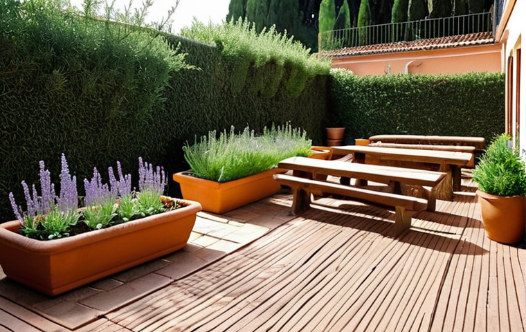 ** A lush, shared garden in an apartment complex courtyard in Italy. Focus on details like terracotta pots overflowing with aromatic herbs like rosemary and lavender, a small lemon tree bearing fruit, and residents enjoying the space – some chatting on benches, others tending to a vegetable patch. The overall atmosphere should be inviting and evoke a sense of community. Use warm, sunny lighting.

**