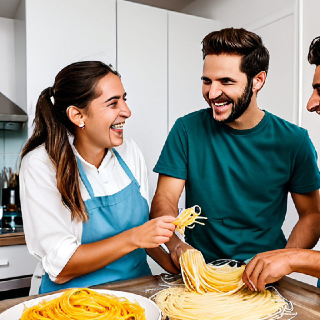 Harmonious Co-living**
"A group of young, fully clothed Italian roommates (collocatari) laughing and talking in a brightly lit, modern Roman apartment kitchen while preparing pasta together, appropriate attire, safe for work, perfect anatomy, natural proportions, family-friendly, professional photography, high quality, natural colors, cheerful atmosphere, modest clothing."
**