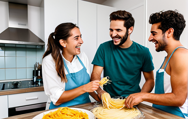 Harmonious Co-living**
"A group of young, fully clothed Italian roommates (collocatari) laughing and talking in a brightly lit, modern Roman apartment kitchen while preparing pasta together, appropriate attire, safe for work, perfect anatomy, natural proportions, family-friendly, professional photography, high quality, natural colors, cheerful atmosphere, modest clothing."
**