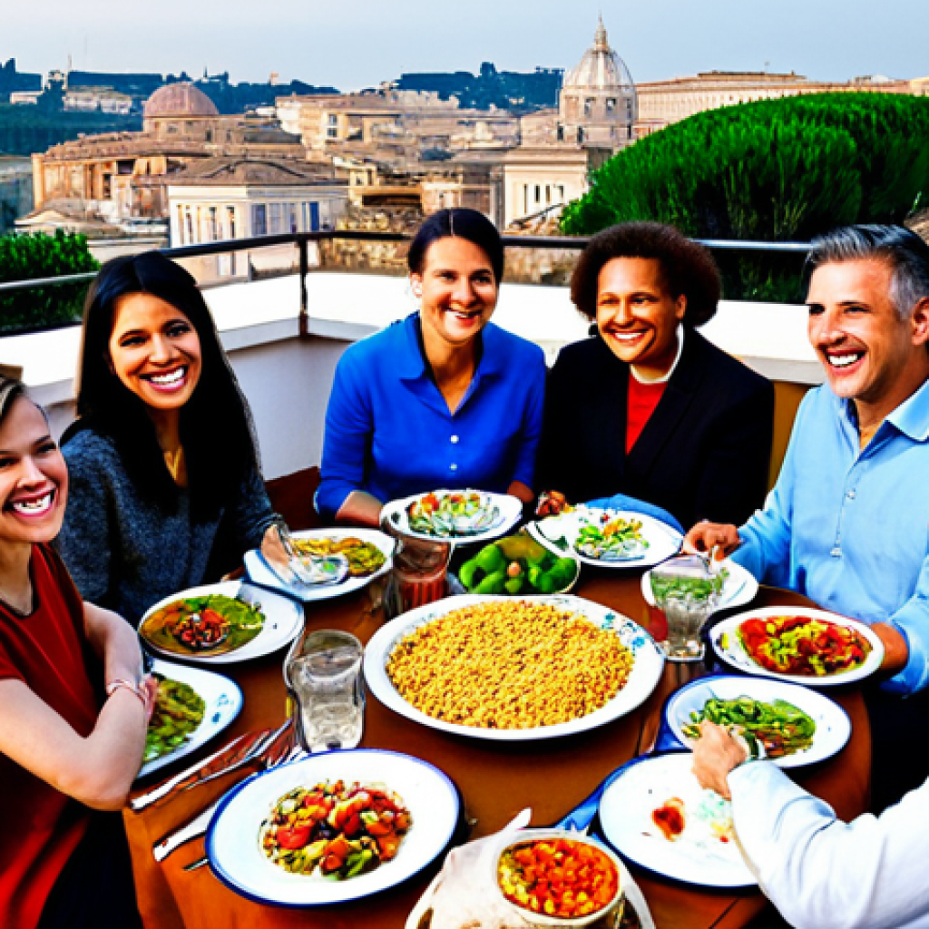 **
"A diverse group of fully clothed neighbors sharing a potluck meal on a rooftop terrace in Rome, Italy, overlooking the city. The table is laden with various dishes from around the world. Everyone is smiling and engaging in friendly conversation. Modest attire, family-friendly setting, safe for work, perfect anatomy, correct proportions, natural pose, professional photography, high quality, appropriate content."
**