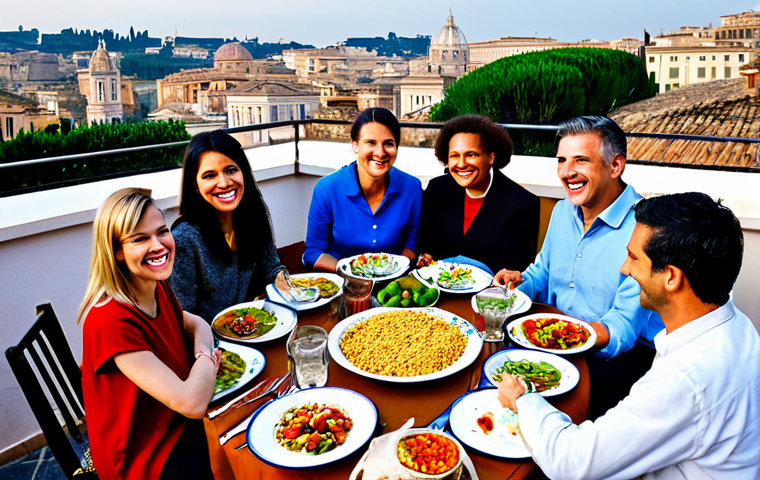 **

"A diverse group of fully clothed neighbors sharing a potluck meal on a rooftop terrace in Rome, Italy, overlooking the city. The table is laden with various dishes from around the world.  Everyone is smiling and engaging in friendly conversation.  Modest attire, family-friendly setting, safe for work, perfect anatomy, correct proportions, natural pose, professional photography, high quality, appropriate content."

**