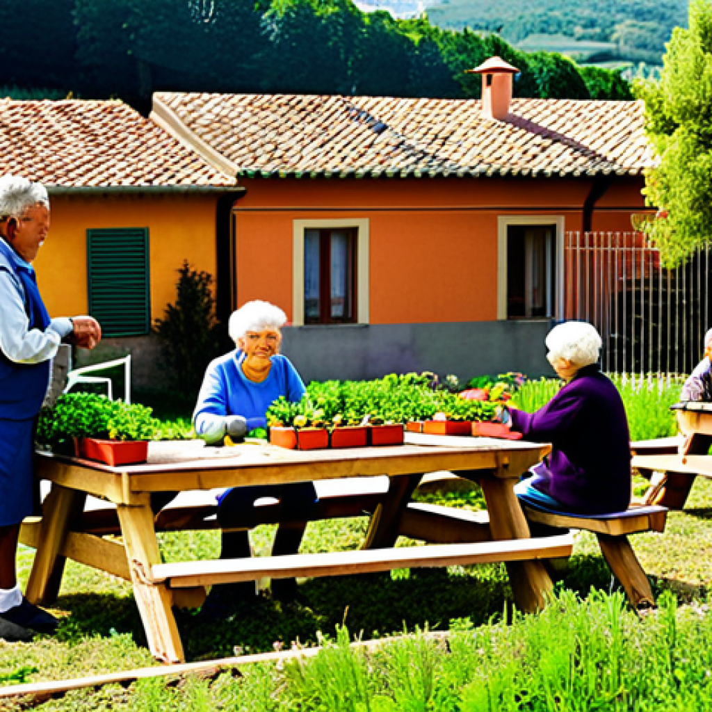 Community Garden in a Co-Housing Setting**

"A vibrant community garden scene at a co-housing complex in Tuscany, Italy. Residents of all ages are working together, planting vegetables and flowers. The scene includes raised garden beds, children playing, and a picnic table with people enjoying a meal. Background features traditional Italian architecture. fully clothed, appropriate attire, safe for work, perfect anatomy, natural proportions, professional photography, family-friendly."

**