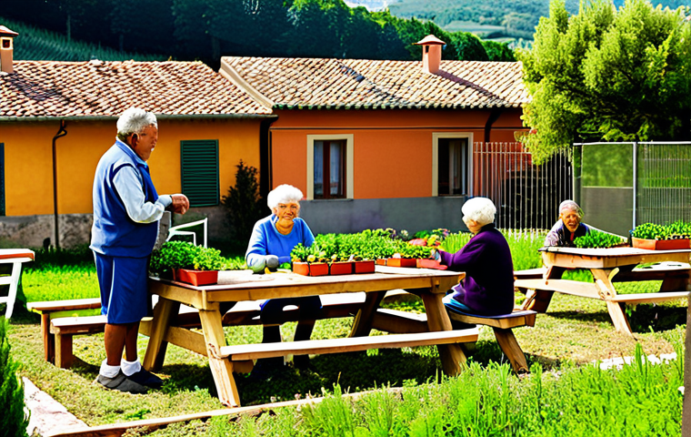 Community Garden in a Co-Housing Setting**
"A vibrant community garden scene at a co-housing complex in Tuscany, Italy. Residents of all ages are working together, planting vegetables and flowers. The scene includes raised garden beds, children playing, and a picnic table with people enjoying a meal. Background features traditional Italian architecture. fully clothed, appropriate attire, safe for work, perfect anatomy, natural proportions, professional photography, family-friendly."
**