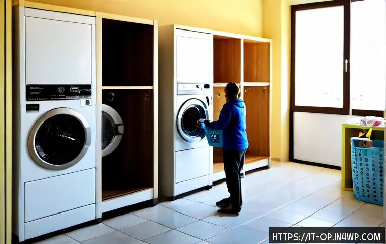집단 거주에서의 에너지 절약 방법 - Photorealistic Italian apartment building shared laundry room, diverse adult residents efficiently u...