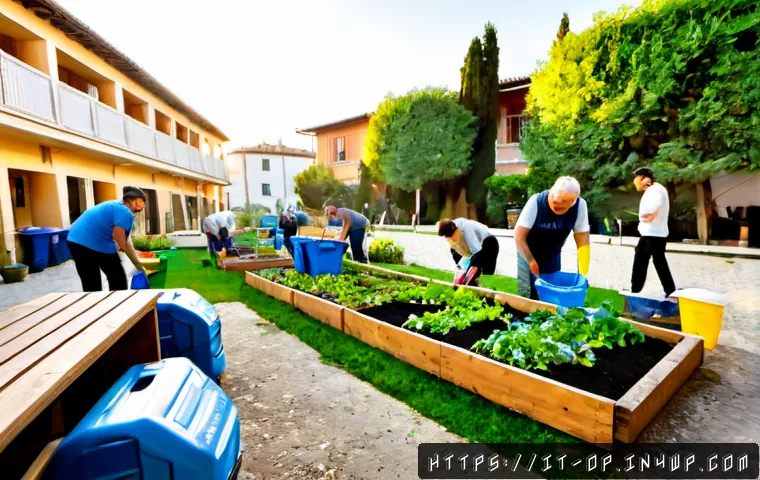 Home 14 집단 거주와 사회적 책임의 중요성 - Photorealistic wide-angle scene of a diverse group of Italian apartment residents working together i...
