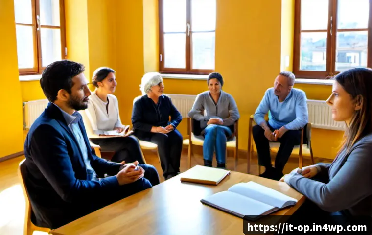 Home 15 집단 거주에서의 갈등 해결 사례 - Photorealistic community mediation meeting in a bright Italian apartment building common room, diver...