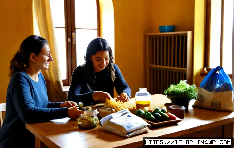 Home 17 집단 거주에서의 공동 구매 및 비용 절감 - Photorealistic shared apartment kitchen in Italy, four diverse adult roommates organizing a bulk gro...